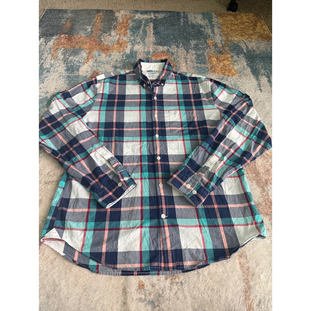 Express Soft Wash Plaid Button Down Shirt Mens Large Teal Navy Pink Multi Color